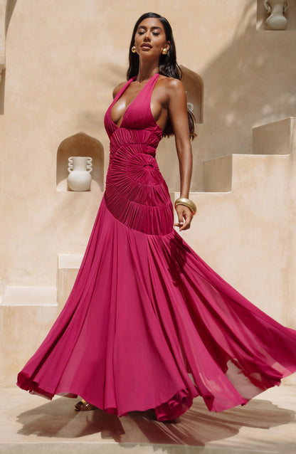 Koriora | Robe Maxi Halter Lise — Drapé Asymétrique & Mesh Premium