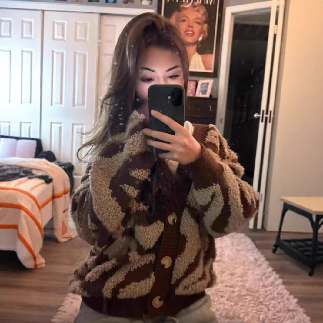 Koriora | "Safira" Zebra-Print Bouclé Cardigan — Loose Fit, V-Neck, Multicolour