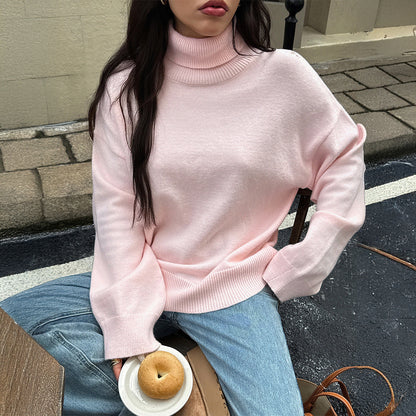 Koriora | "Camille" Plain High-Neck Jumper — Soft Knit Autumn-Winter Essential, Cream / Pink / Yellow / Sky Blue