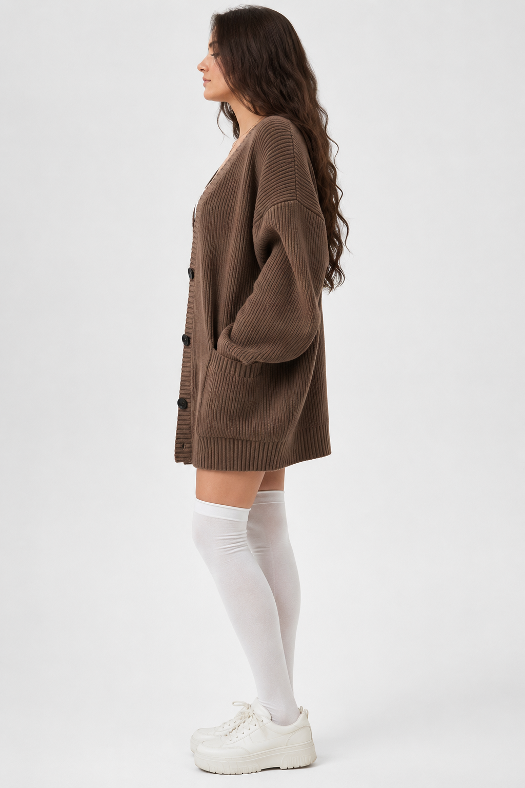 Koriora | "Alba" Oversized Long Ribbed Cardigan — Button-Through V-Neck with Patch Pockets, Black