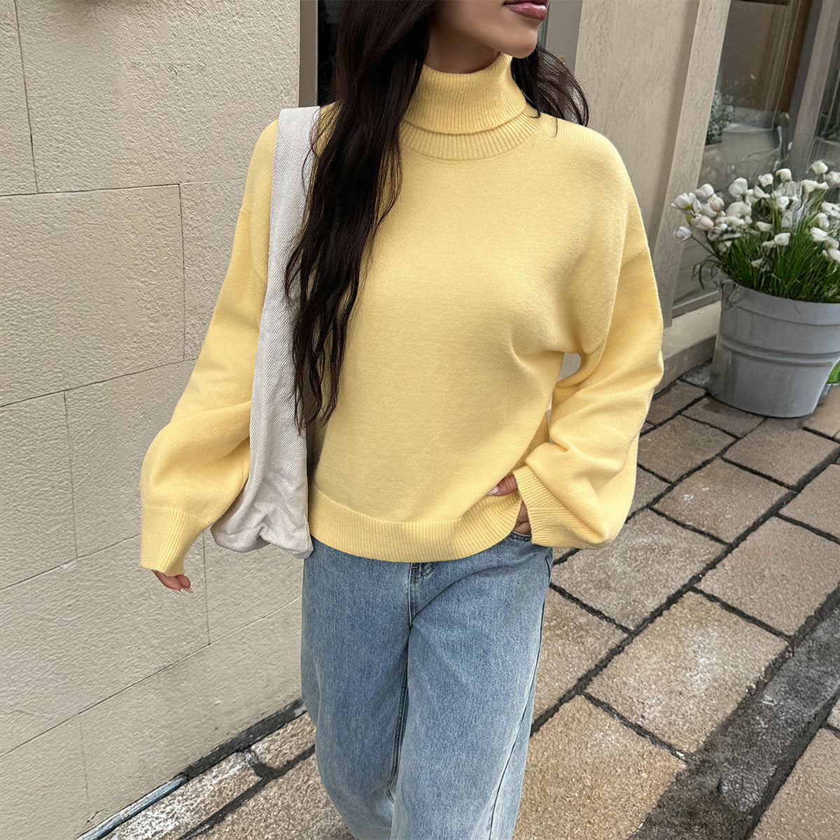 Koriora | "Camille" Plain High-Neck Jumper — Soft Knit Autumn-Winter Essential, Cream / Pink / Yellow / Sky Blue