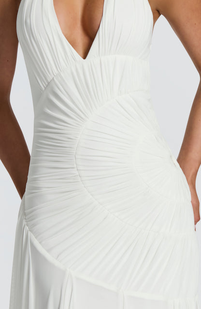 Koriora | Robe Maxi Halter Lise — Drapé Asymétrique & Mesh Premium