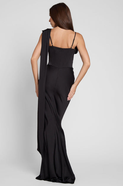 Koriora | Robe Maxi Céline — Corset Satiné & Rosette Épaule Romantique