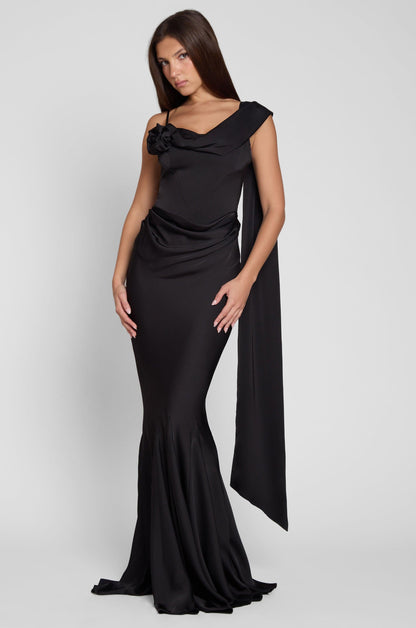 Koriora | Robe Maxi Céline — Corset Satiné & Rosette Épaule Romantique