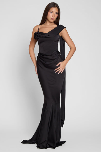 Koriora | Robe Maxi Céline — Corset Satiné & Rosette Épaule Romantique