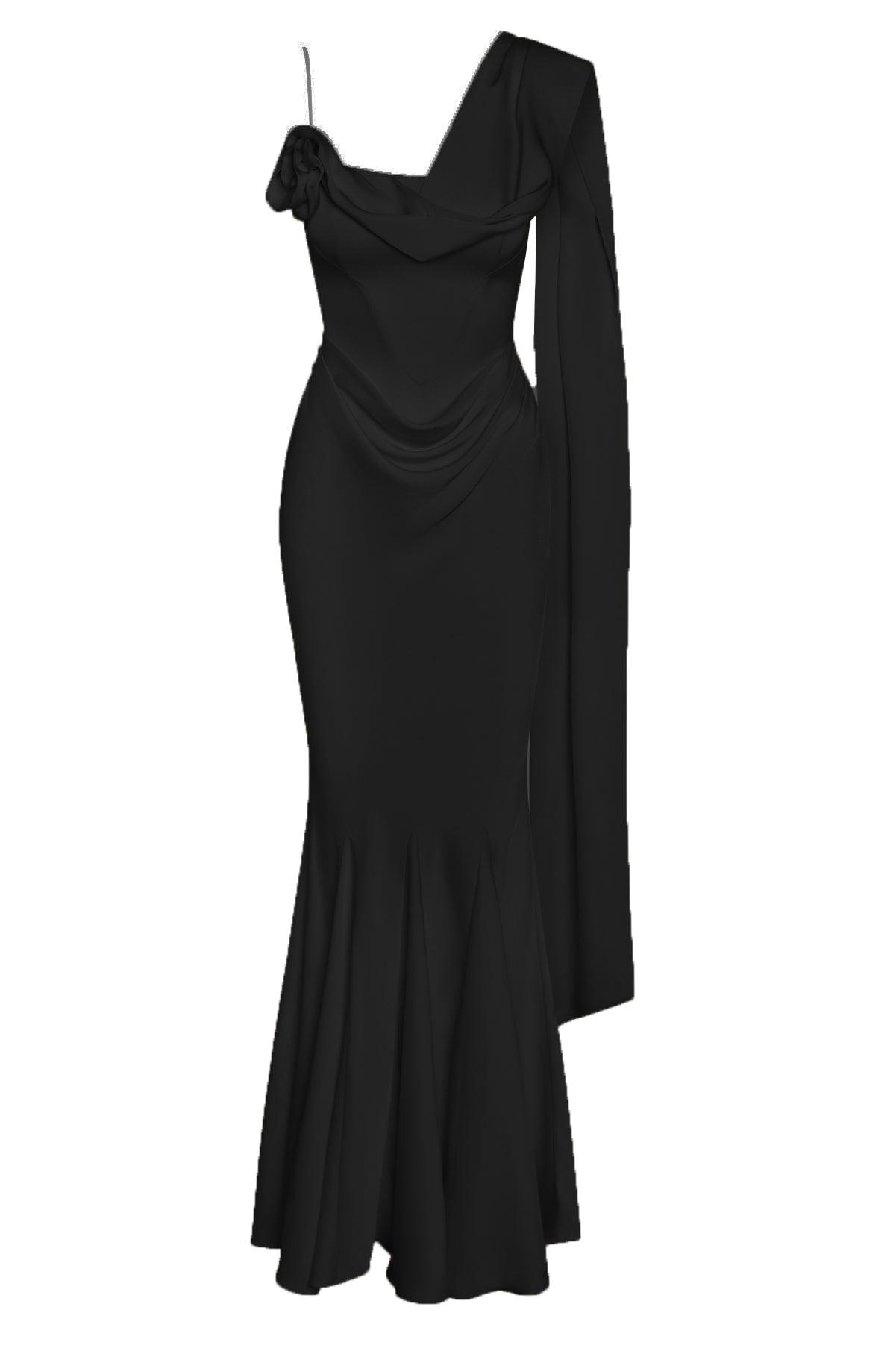 Koriora | Robe Maxi Céline — Corset Satiné & Rosette Épaule Romantique
