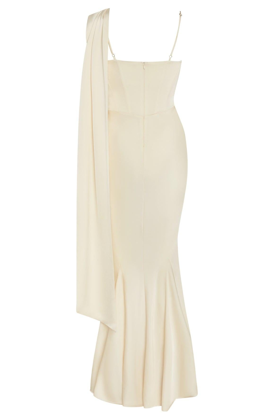 Koriora | Robe Maxi Céline — Corset Satiné & Rosette Épaule Romantique