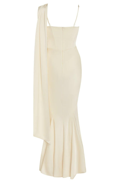Koriora | Robe Maxi Céline — Corset Satiné & Rosette Épaule Romantique