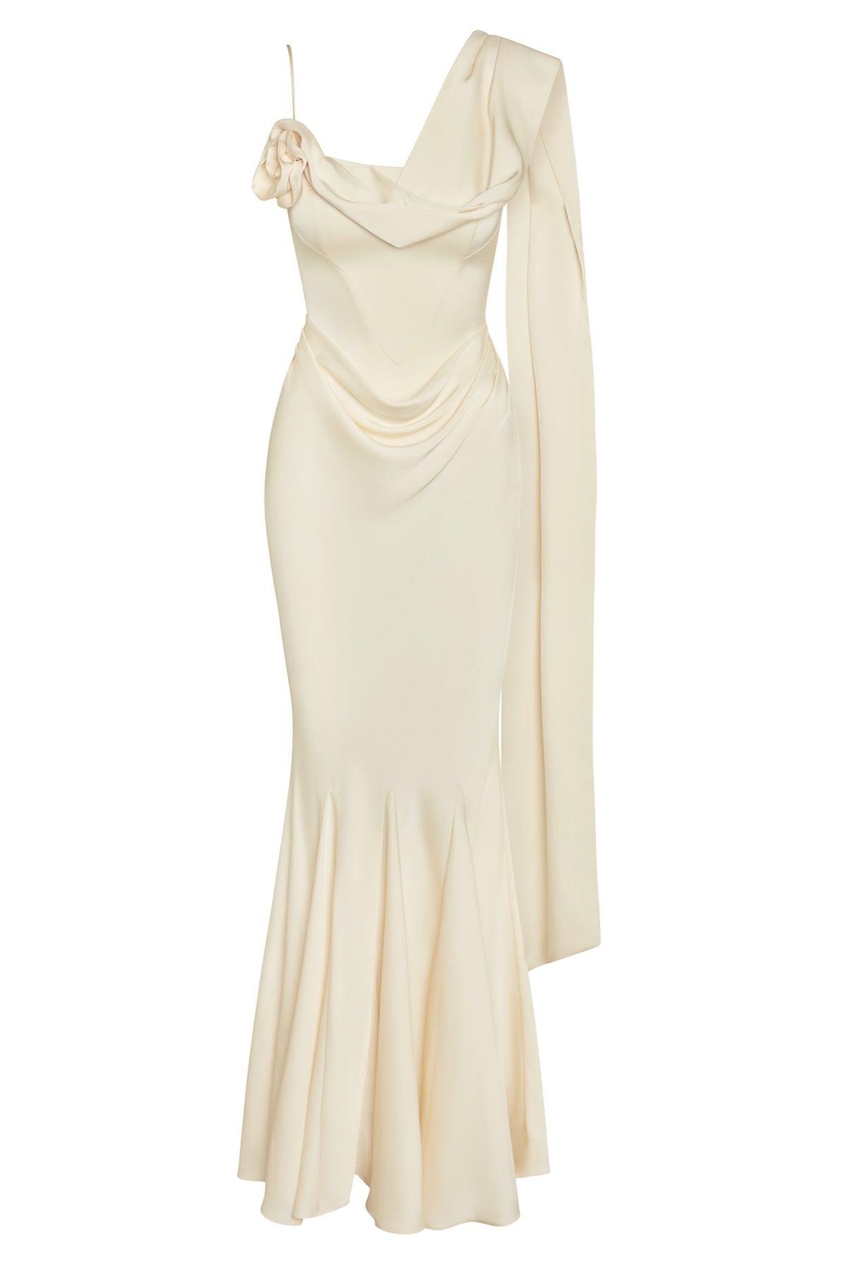 Koriora | Robe Maxi Céline — Corset Satiné & Rosette Épaule Romantique