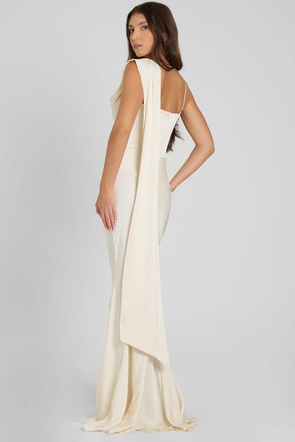 Koriora | Robe Maxi Céline — Corset Satiné & Rosette Épaule Romantique