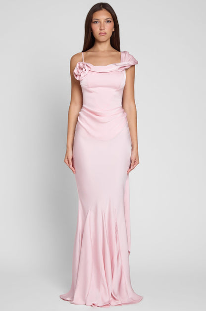 Koriora | Robe Maxi Céline — Corset Satiné & Rosette Épaule Romantique