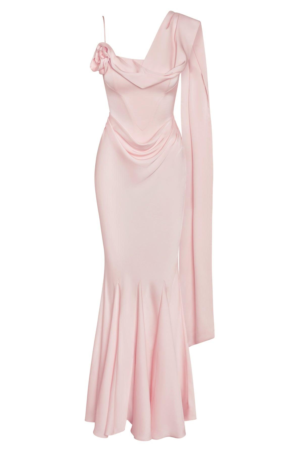 Koriora | Robe Maxi Céline — Corset Satiné & Rosette Épaule Romantique