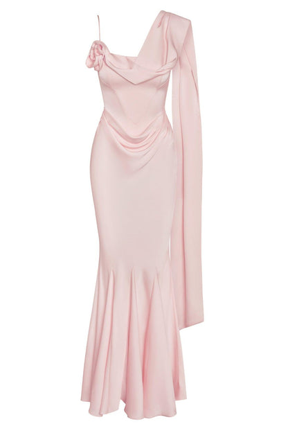 Koriora | Robe Maxi Céline — Corset Satiné & Rosette Épaule Romantique