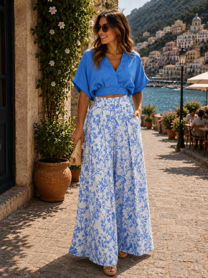 Koriora | Ensemble Deux Pièces Blouse & Pantalon Fluide Imprimé — Chic Décontracté