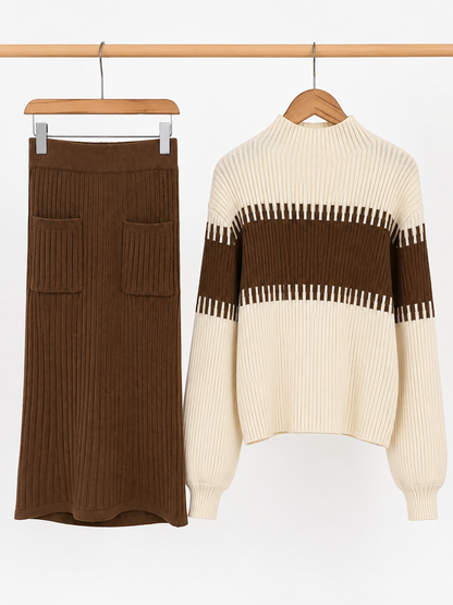 Léonie Women's Ribbed Knit High-Neck Jumper & Midi Skirt Set