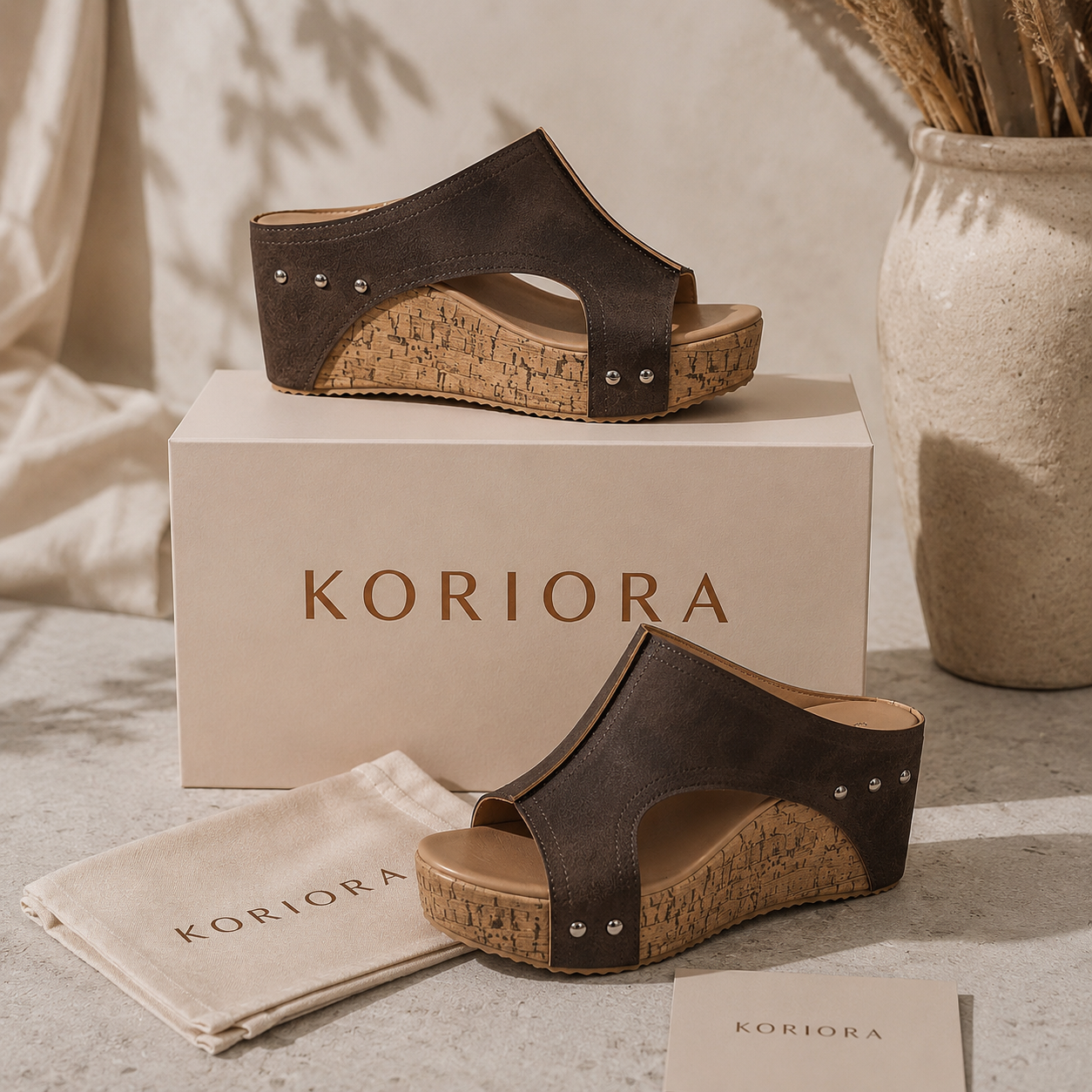 Koriora | Mules Compensées Femme Maya — Semelle Liège & Détails Rivetés Élégants