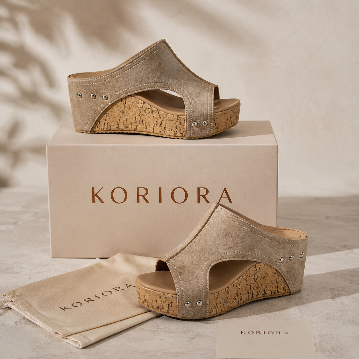 Koriora | Mules Compensées Femme Maya — Semelle Liège & Détails Rivetés Élégants