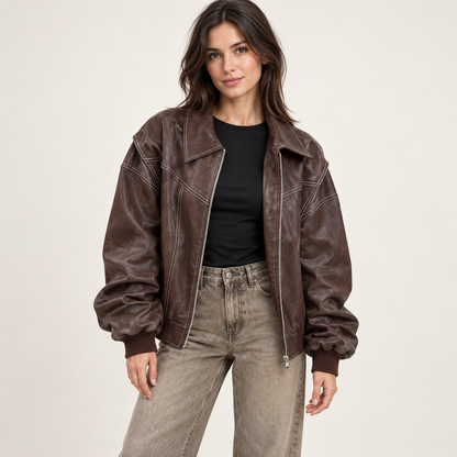 Women's Oversized Faux-Leather Bomber Jacket with Contrast Stitching