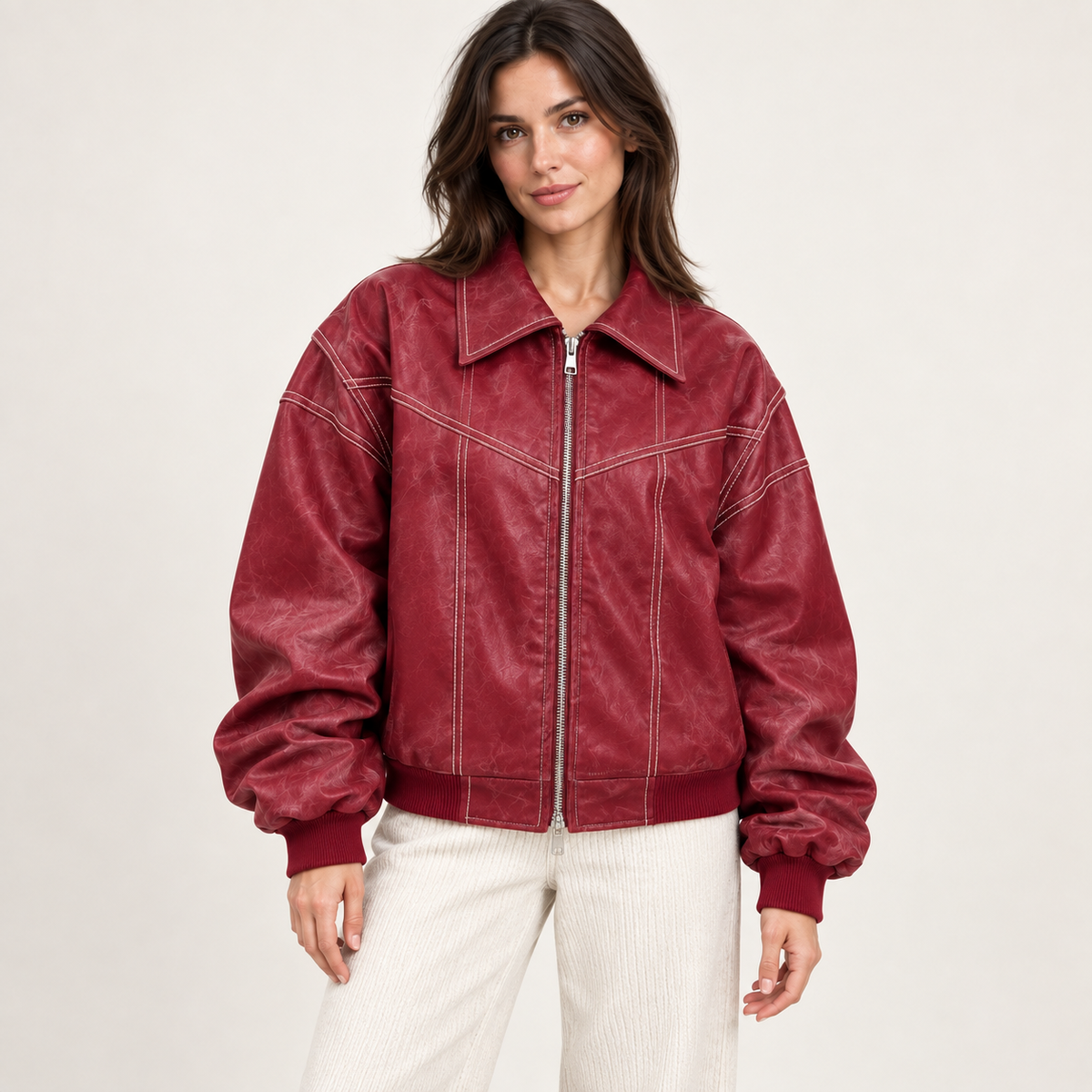 Women's Oversized Faux-Leather Bomber Jacket with Contrast Stitching