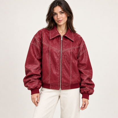 Women's Oversized Faux-Leather Bomber Jacket with Contrast Stitching