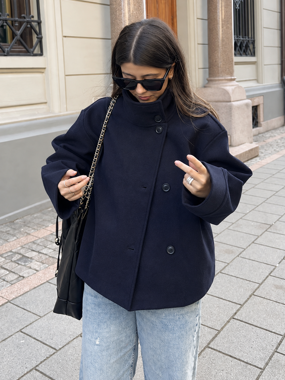 Women's Short Oversized Double-Button Jacket with Stand Collar