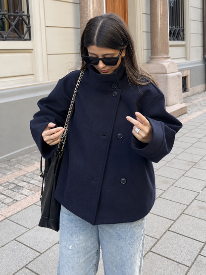 Women's Short Oversized Double-Button Jacket with Stand Collar