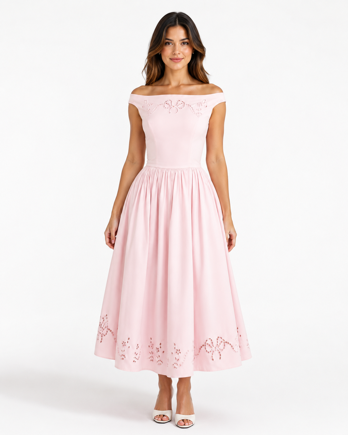 Koriora | Robe Midi Bardot Rose Blush — Épaules Dénudées & Élégance Romantique