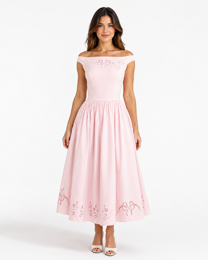 Koriora | Robe Midi Bardot Rose Blush — Épaules Dénudées & Élégance Romantique