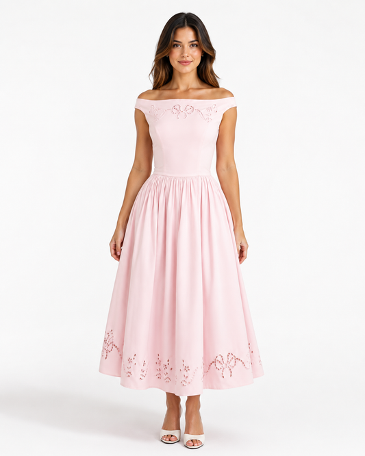 Koriora | Robe Midi Bardot Rose Blush — Épaules Dénudées & Élégance Romantique