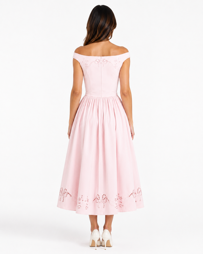 Koriora | Robe Midi Bardot Rose Blush — Épaules Dénudées & Élégance Romantique