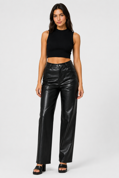 Koriora | Pantalon Cuir Élise — Pantalon Femme Taille Haute Effet Cuir Coupe Droite Chic