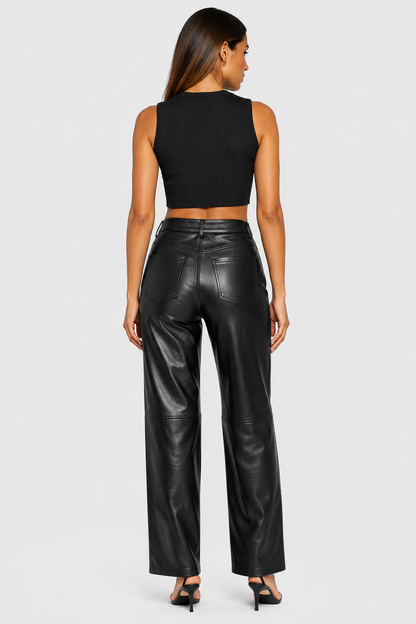 Koriora | Pantalon Cuir Élise — Pantalon Femme Taille Haute Effet Cuir Coupe Droite Chic