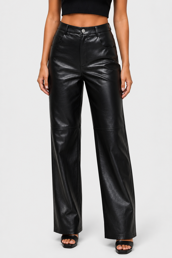 Koriora | Pantalon Cuir Élise — Pantalon Femme Taille Haute Effet Cuir Coupe Droite Chic