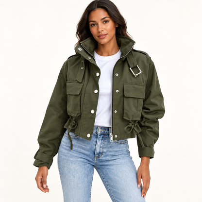 Women's Short Cargo Jacket with Stand Collar and Adjustable Waist