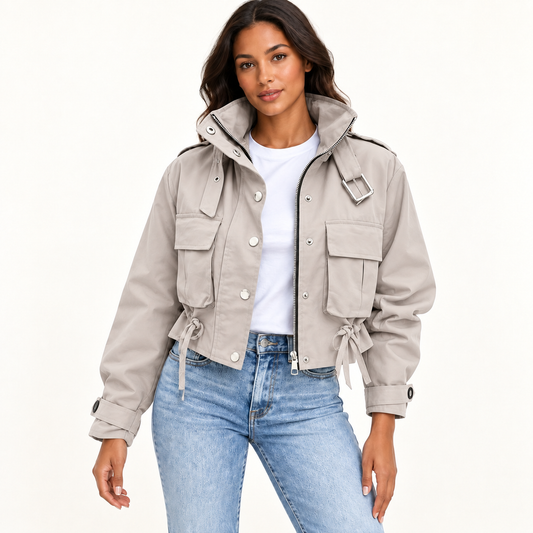 Women's Short Cargo Jacket with Stand Collar and Adjustable Waist