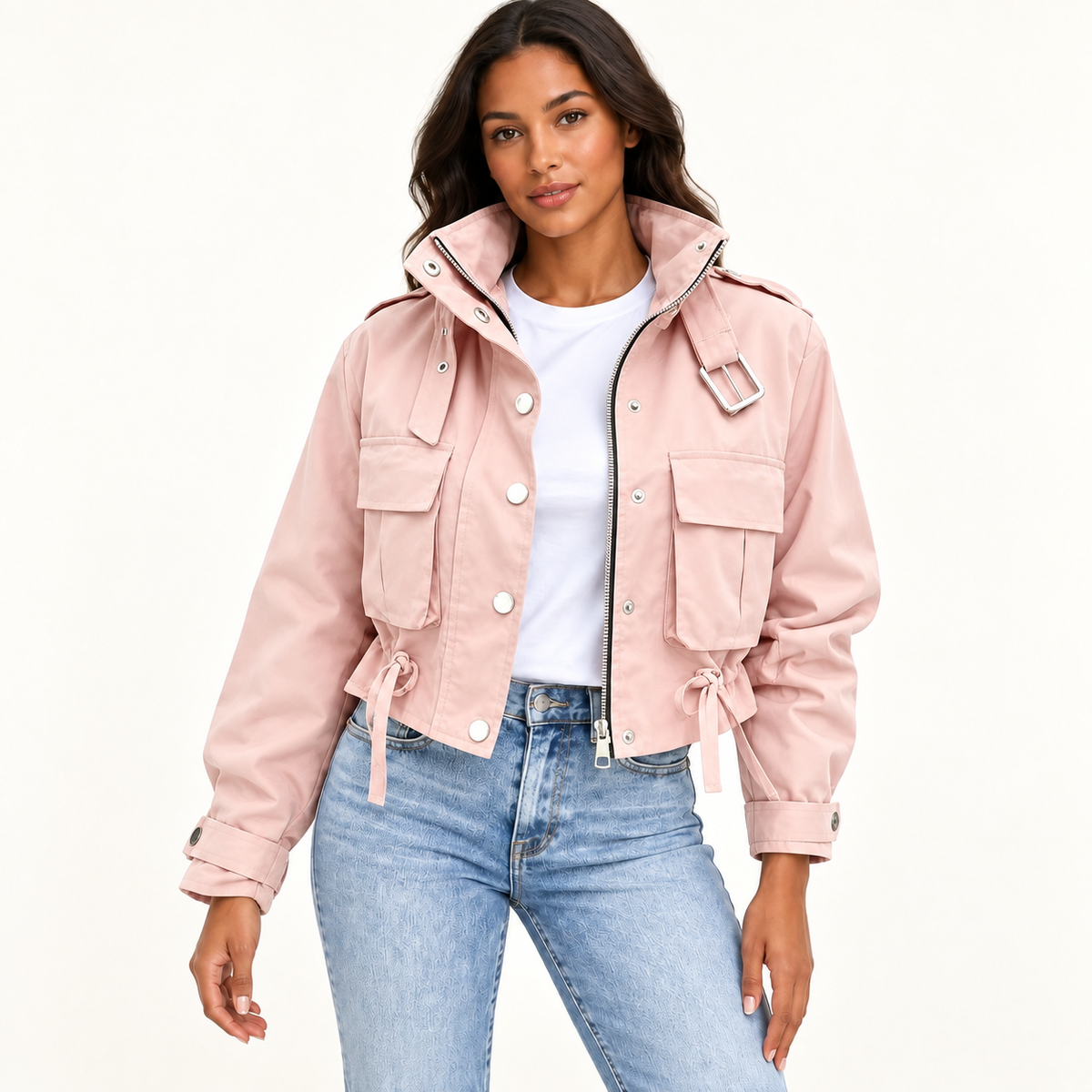 Women's Short Cargo Jacket with Stand Collar and Adjustable Waist