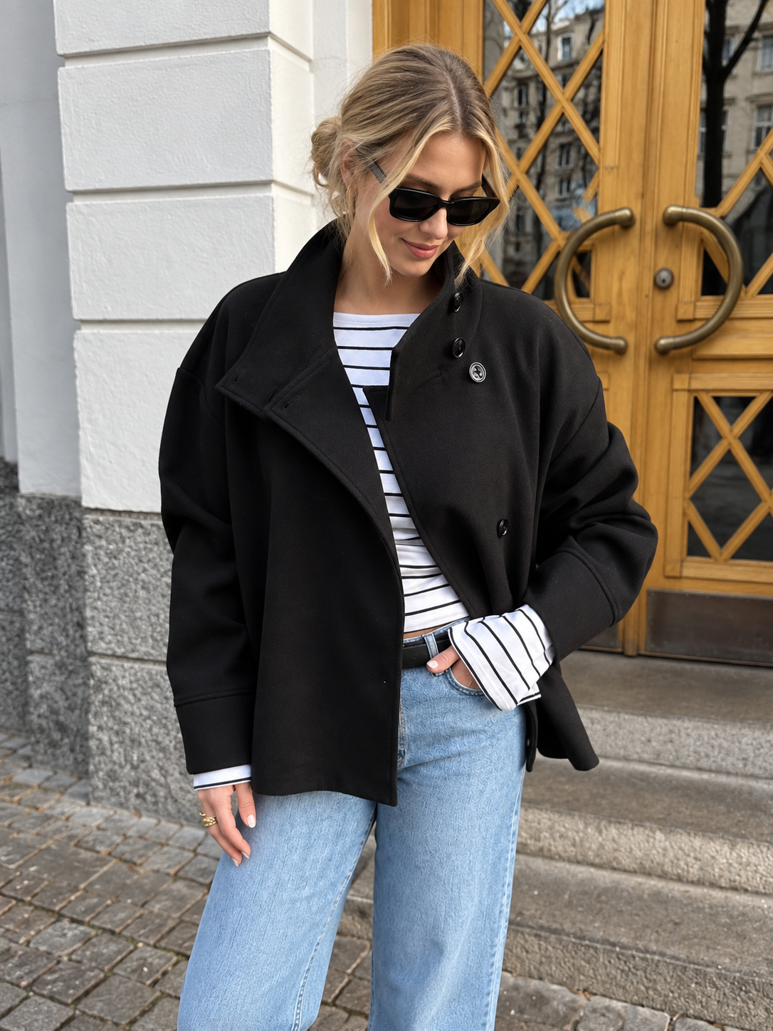 Women's Short Oversized Double-Button Jacket with Stand Collar