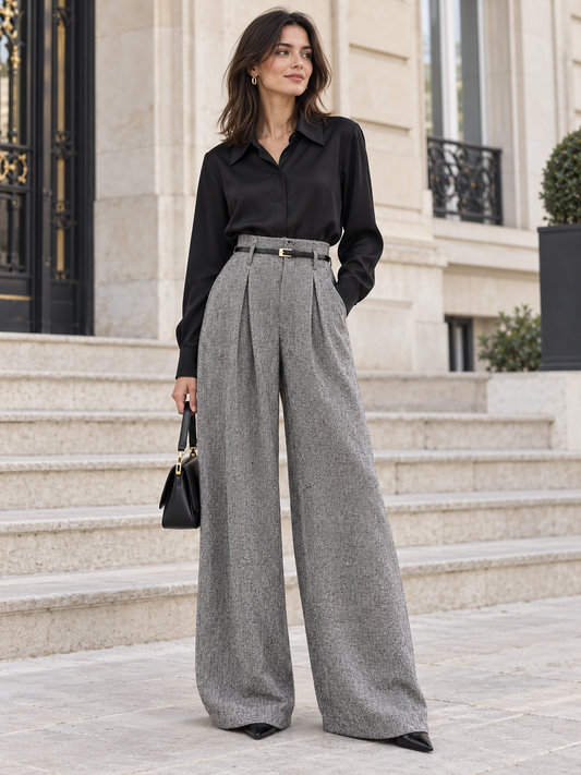 Women's Grey High Waisted Pleated Wide Leg Tailored Trousers
