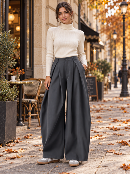 Women's High Waisted Extra Wide Leg Pleated Trousers
