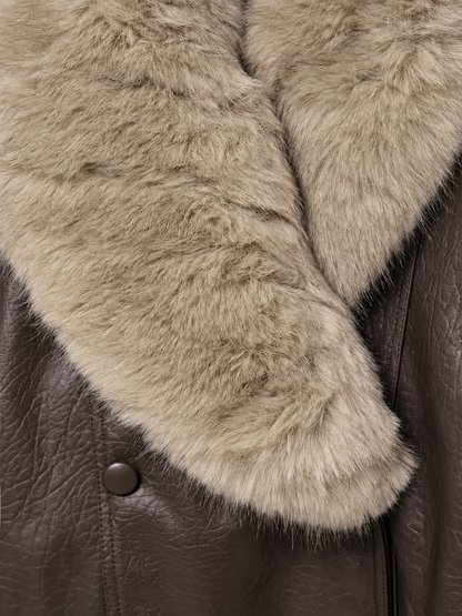 Veste Femme Marron en Simili Cuir à Grand Col Fourrure – Coupe Oversize