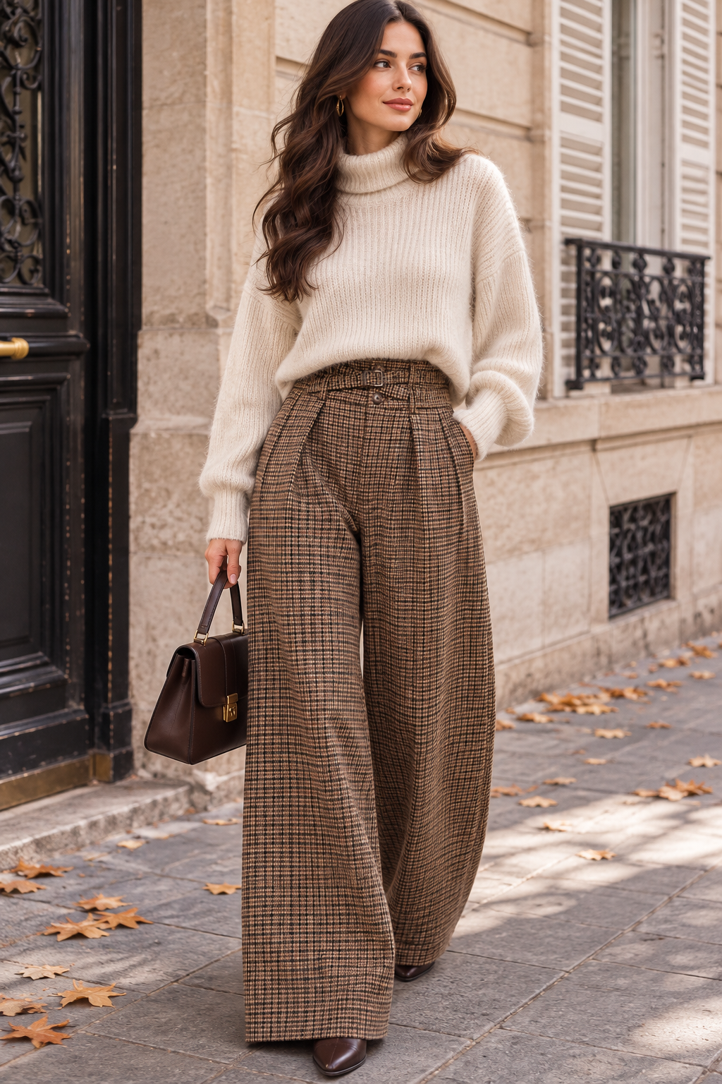 Pantalon Femme Large à Carreaux Marron  Taille Haute à Pinces & Ceinture