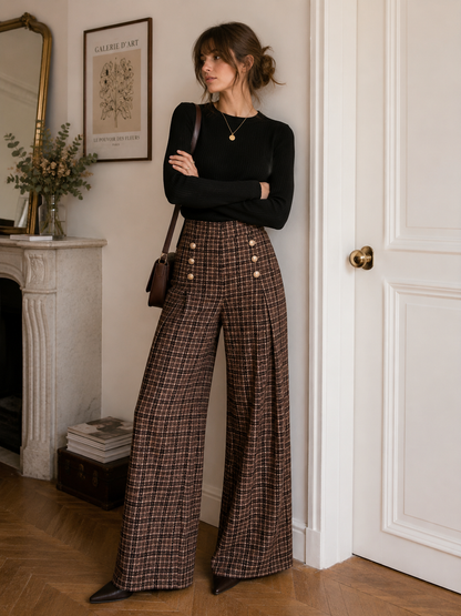 Pantalon Femme Large à Carreaux Marron  Taille Haute & Boutons Dorés