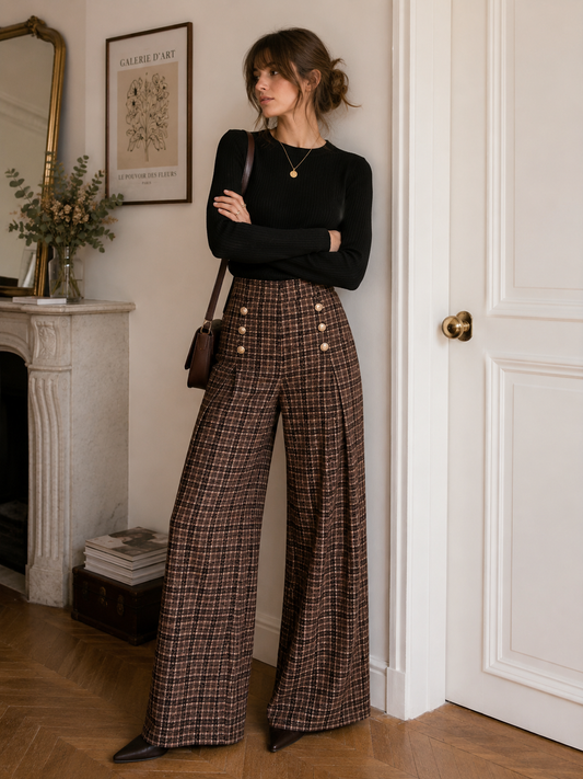Women's High Waisted Wide Leg Checked Trousers with Gold-Tone Buttons
