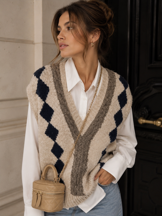 Women's Elegant Argyle V-Neck Knitted Vest – Vintage Style