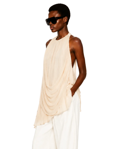 Koriora Top Drapé Dos Nu Femme – Haut Fluide Col Halter Beige Élégant