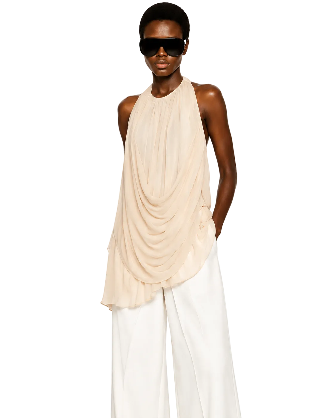Koriora Top Drapé Dos Nu Femme – Haut Fluide Col Halter Beige Élégant