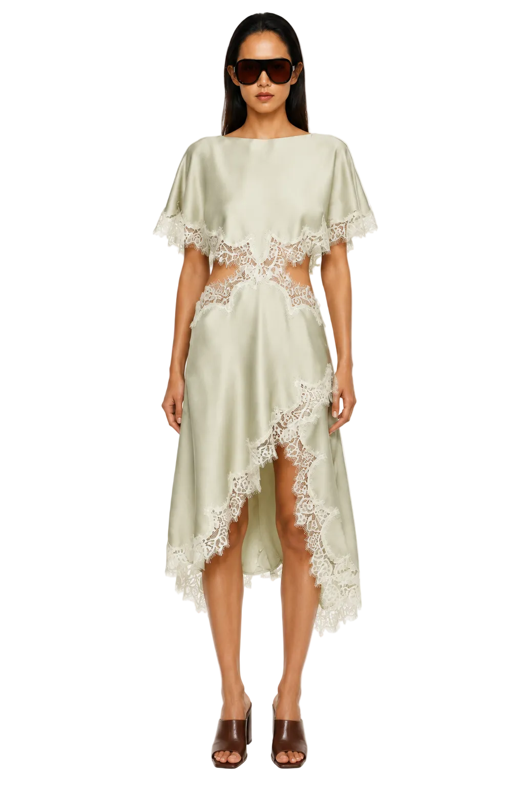 Koriora | Inaya Robe Longue Satinée Vert Sauge avec Dentelle – Robe Élégante Femme