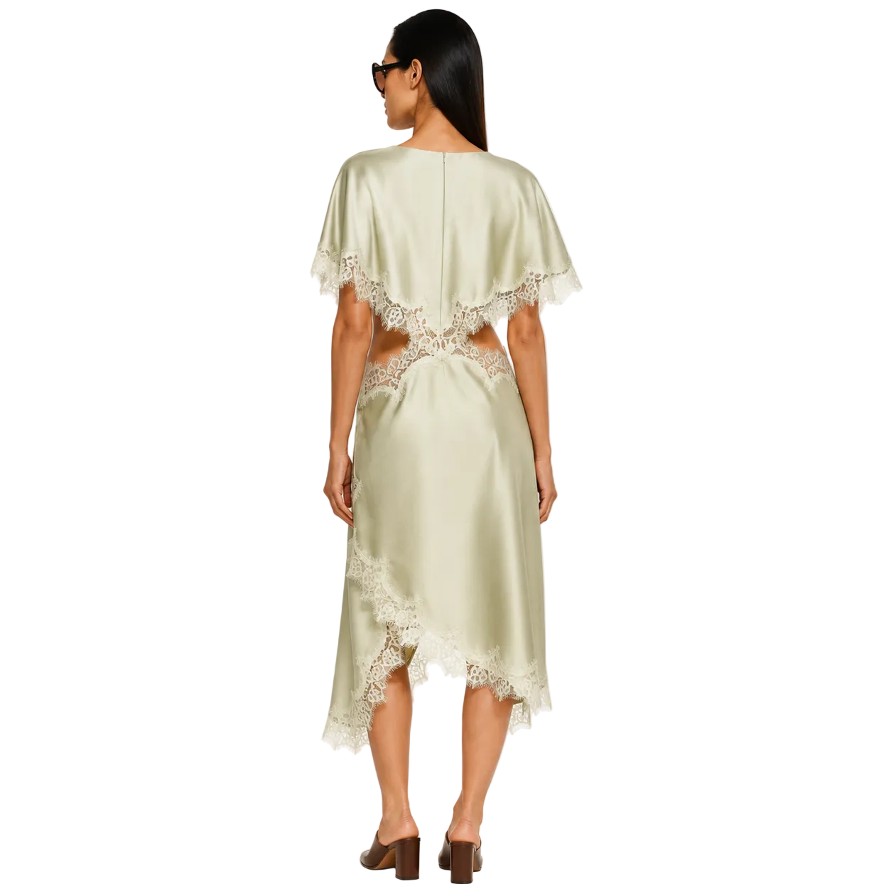 Koriora | Inaya Robe Longue Satinée Vert Sauge avec Dentelle – Robe Élégante Femme