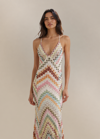 Koriora | Robe Longue Crochet Multicolore Riviera — Dos Nu & Bretelles Croisées