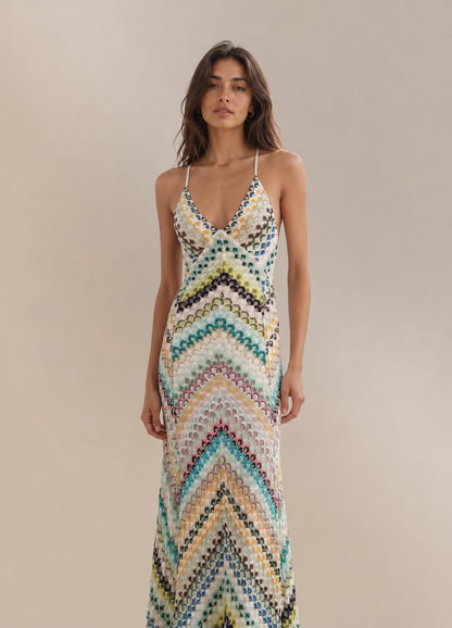 Koriora | Robe Longue Crochet Multicolore Riviera — Dos Nu & Bretelles Croisées